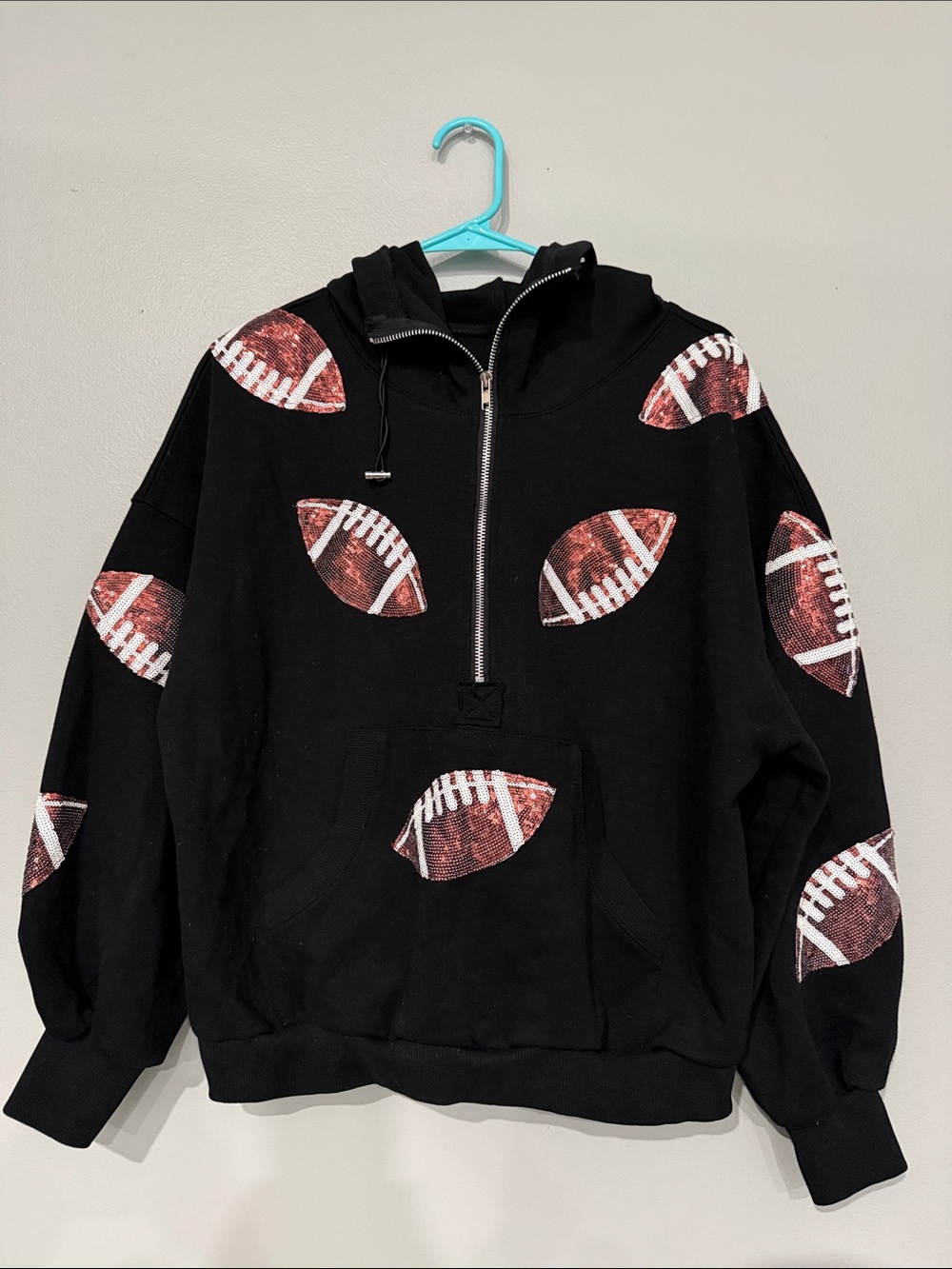 Black Football-Print Half-Zip Hoodie Sweater